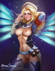 1girls alternate_costume areolae armor aroma_sensei belly_button belt beret blizzard_entertainment blonde_hair blue_eyes breasts breasts_out combat_medic_ziegler doctor female female_only highres long_hair looking_at_viewer medic mercy nipples nurse overwatch partially_clothed patreon_username pose pussy salute shaved_pussy solo solo_female thighhighs tumblr_username vambraces wings