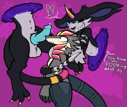 3_fingers 3_toes ambiguous_gender balls black_body black_fur black_nose black_sclera blue_eyes blue_penis blush bodily_fluids censored_dialogue claws demon dialogue dipstick_fingers duo feet fingers fur genital_fluids genitals grey_balls grey_body grey_fur grey_skin heart_shape humanoid_genitalia humanoid_penis hybrid_genitalia hybrid_penis imp knot knotted_humanoid_penis knotted_penis kobold male male/ambiguous nonbinary_(lore) open_grin penis penis_on_nose pink_blush portal precum prosthetic prosthetic_leg prosthetic_limb prosthetic_tail purple_background rayce_(furrin_gok) red_eyes scalie simple_background sweat sweatdrop tail tail_coil tan_body tan_skin terraritel through_portal toes trout_(artist)