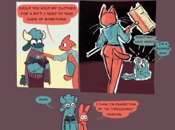 anthro ass begging bovid broom caprine cleaning_tool comic dialogue domestic_cat felid feline felis female folded_clothing hi_res imminent_threesome improvised_weapon lagomorph male male/female mammal marigold_(unicorn_blood) mostly_nude restricted_palette saffron_(unicorn_blood) scared sheep tulip_(unicorn_blood) vanilla_candy