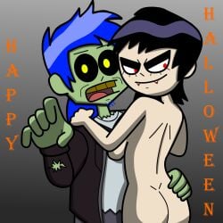 1boy 1girls 2025 ass ass_grab back_view bare_ass bare_shoulders becky becky_(lincylover) black_hair blood blue_hair breast_press breasts casual casual_nudity clothed_male_nude_female completely_nude couple duo feet female gradient_background grey_background halloween human lincylover_(artist) looking_at_viewer male nude nude_female nudism nudist nudity oc only_one_naked open_mouth pale_skin popcorn purple_hair ripped_clothing rotten_teeth smile text valery valery_(lincylover) vampire vampire_girl zombie