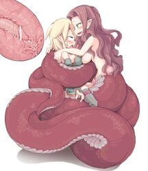 2girls blonde_hair blue_eyes blush breasts brown_hair coiled coiling constrict female futa_on_female futanari green_eyes intersex lamia long_hair ls-lrtha monster_girl multiple_girls open_mouth original penis pointy_ears profile sex short_hair simple_background testicles topless vaginal_penetration white_background wrap