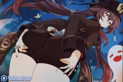 +_+ animated artist_name ass ass_focus black_hat black_shorts blinking boo_tao_(genshin_impact) breasts brown_hair bug butterfly closed_eyes commentary cowboy_shot cute_fang english_commentary fangs female from_behind genshin_impact ghost grabbing_own_ass half-closed_eyes hat hu_tao_(genshin_impact) jewelry long_sleeves looking_at_viewer multicolored_hair nail_polish night night_sky no_sound open_mouth patreon_logo patreon_username red_eyes red_hair red_nails ring short_shorts shorts sky small_breasts smile sollyz solo standing tagme tree trefoil twintails two-tone_hair video watermark web_address