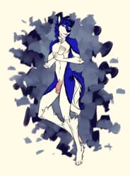 2017 anthro blue_fur blue_hair canine flaccid fur girly hair humanoid_penis looking_at_viewer male mammal markings nude pawpads penis simple_background solo stefan_sledwolf tanks_(artist) white_fur wolf