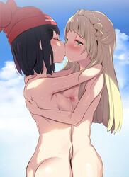 2girls absurdres ass back bangs beanie black_hair blonde_hair blue_sky blunt_bangs blush braid breast_press breasts closed_eyes cloud cloudy_sky crown_braid day female_only green_eyes hat highres hug human human_only inverted_nipples kissing lillie_(pokemon) long_hair looking_at_another multiple_girls noripachi nude perky_breasts pokemon pokemon_sm selene_(pokemon) short_hair sky small_breasts sweat yuri