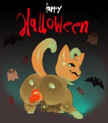 absurd_res anal anal_sex anthro balls bodily_fluids feral food food_fetish food_insertion food_play for_a_head fruit genitals hi_res holidays improvised_sex_toy kinkykong male male_penetrated male_penetrating object_head penetration plant pumkat pumpkin pumpkin_head tail text thick_thighs