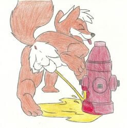 all_fours animal_genitalia anthro anus ass canine closed_eyes fire_hydrant hair hi_res hydrant male mammal peeing penis perineum raised_leg raised_tail rear_view sheath tongue tongue_out traditional_media_(artwork) unknown_artist urine