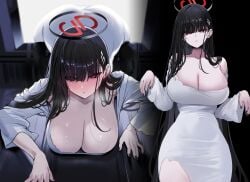 1girls ass ass_up big_breasts black_hair blue_archive breasts clothed clothing curvy curvy_figure female female_only halloween halloween_costume light-skinned_female light_skin long_hair looking_at_viewer looking_down lying_down millennium_science_school_student portal red_eyes reference_image rio_(blue_archive) solo television tv tv_screen yuki_(asayuki101)