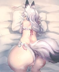 after_sex all_fours animal_ears ass bangs bed_sheet blush bunnysuit censored closed_eyes clothing_aside condom cum cum_in_pussy cumdrip elbow_gloves female fox_ears fox_tail gloves highres kuryuu_kohaku leotard leotard_aside long_hair looking_at_viewer mosaic_censoring noconol on_bed open_mouth original pillow pillow_grab solo steam sweat tail used_condom wavy_hair white_gloves white_hair white_leotard