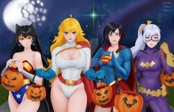 4girls animal_ears batgirl_(cosplay) batman_(series) big_breasts black_hair blake_belladonna blonde_hair blue_gloves breasts cat_ears colored cosplay crossover_cosplay darkthewise dc dc_comics earrings female female_only half-sisters halloween highres large_breasts lavender_eyes long_hair multicolored_hair multiple_females multiple_girls ponytail power_girl_(cosplay) red_hair ruby_rose rwby short_hair silver_eyes sisters supergirl_(cosplay) superman_(series) weiss_schnee white_hair wonder_woman_(cosplay) wonder_woman_(series) yang_xiao_long