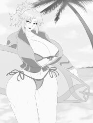 1girls abs beach bikini breasts cleavage fate/grand_order fate_(series) female gigantic_breasts hitama mordred_(fate) textless wide_hips