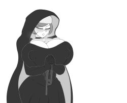 1girls big_nipples breast_expansion breasts comic female hitama huge_breasts nipple_bulge nun nun_outfit praying textless