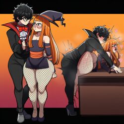 1boy 1girls 2d ai_generated akira_kurusu atlus big_ass big_breasts chubby chubby_female cosplay costume curvaceous curvy curvy_figure doggy_style doggystyle female fishnets glasses halloween halloween_costume huge_ass huge_thighs joker_(persona) large_ass large_breasts long_hair male male/female nerd nerdy_female orange_hair persona persona_5 plump ren_amamiya sakura_futaba sega shortstack sonicspeedxd thick_thighs thighs vampire voluptuous voluptuous_female wide_hips witch witch_costume witch_hat