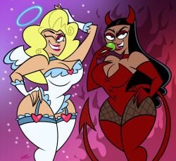 2023 2girls angel angel_costume angel_girl angel_wings artist_name artist_signature ass big_ass big_breasts blonde-haired_female blonde_female blonde_hair blonde_hair_female breasts choker clothed clothed_female clothing crimson_eyeshadow crimson_lips crimson_lipstick danny_phantom dark_red_eyeshadow dark_red_lips dark_red_lipstick dawna_phantom demon demon_costume demon_girl demon_horns demon_tail devil devil_costume devil_girl devil_horns devil_tail duo duo_female duo_focus english evil_grin evil_smile eyeshadow female female_focus female_only fingerless_gloves fully_clothed garter_belt_leggings garter_straps gloves halloween halloween_costume halo holding holding_lollipop holding_object leggings licking licking_lollipop light-skinned_female light_skin lips lipstick lollipop long_gloves nickelodeon paramount_pictures paulina_sanchez pink_eyeshadow pink_lips pink_lipstick red_eyeshadow red_lips red_lipstick repost rose_eyeshadow rose_lips rose_lipstick samperez tan-skinned_female tan_body tan_skin thick_thighs thighs wink winking winking_at_viewer winking_eye