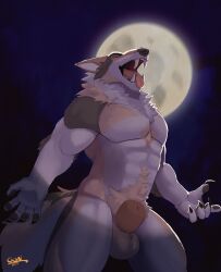 2025 5_fingers absurd_res alfonso_(raccsdatfapps) animal_genitalia anthro arm_tuft artist_name balls big_muscles big_pecs biped canid canine canis claw_fingers claws closed_eyes digital_media_(artwork) elbow_tuft fangs fingers flashlight front_view full_moon fully_sheathed fur genitals gonnidae hi_res male mammal moon multicolored_body multicolored_fur muscles muscular muscular_arms muscular_male mythological_canine mythological_creature mythology neck_tuft night open_mouth pecs portrait roaring sheath signature solo standing supermoon tail tan_body tan_fur teeth text three-quarter_portrait tongue tongue_out tuft werecanid werecanine werecreature werewolf wolf
