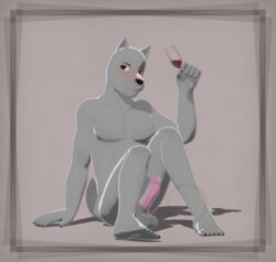 2017 3d 5_fingers alcohol anthro balls beverage black_eyes black_nails blush canine circumcised claws colored_nails drunk eric_(v--r) fur glass grey_fur long_penis male male_only mammal muscular muscular_male naughty_face nipples nude on_ground pecs penis pink_penis simple_background sitting smile solo v--r wolf