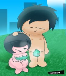 1boy 1boy1girl adam_&_eve adam_and_eve artist_upload ass bare_ass barely_clothed big_ass big_cleavage black_hair buildings cleavage cosplay cum cum_strings day daytime female grass halloween leaf male musk musk_clouds nipples precum public request requested roman_(zona01) size_difference unaware uploaded_by_artist watermark white_skin zona01 zona_(zona01)
