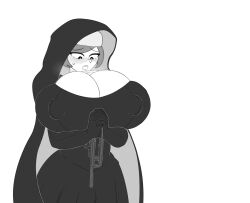 1girls big_nipples breast_expansion breasts comic female gigantic_breasts hitama nipple_bulge nun nun_outfit praying textless