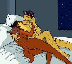 after_sex animal_genitalia anthro bed chance_furlong cuddling feline female furry furry_only gerboisebleu male mammal muscular night no_humans pondering pussy swat_kats turmoil