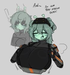 1boy 1boys 1girls 2d 2d_(artwork) after_work after_workout alien alien_boy alien_girl alien_humanoid aliens antenna antenna_hair antennae armor armored armored_female armored_gloves big_breasts black_clothes black_clothing blush boob_focus boobs_focus breasts breasts_focus closed_eyes couple couple_(romantic) couple_focus couple_love dialogue digital_media digital_media_(artwork) drawn electronics english_text exclamation_point exhausted exhausted_female eyes_open female glorp glove gloves green_hair green_hair_female green_hair_male green_skin green_skinned_female green_skinned_male headwear huge_boobs huge_breasts light_blush male probablyavv roblox roblox_avatar robloxian staring_at_another staring_at_breasts staring_at_partner sweat sweating sweating_female sweating_profusely taking_off taking_off_clothes text wiggle wiggle_lines wobble wobbling wobbling_breasts