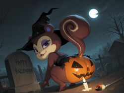 ai_generated animal_crossing anus ass ass_shake cute female graveyard halloween pecan_(animal_crossing) presenting_ass pumpkin_butt squirrel tombstone witch