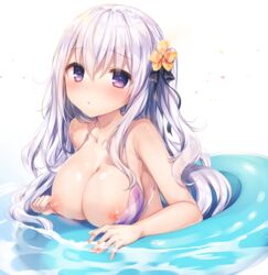 :o bangs black_ribbon blush breasts eyebrows_visible_through_hair fanbox_reward female fingernails flower hair_between_eyes hair_flower hair_ornament highres komeshiro_kasu large_breasts lavender_hair long_fingernails long_hair looking_at_viewer nipples nude open_mouth original partially_submerged purple_eyes ribbon side_ponytail simple_background solo topless wardrobe_malfunction water white_background