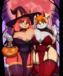 absurd_res anthro ass big_breasts big_butt breast_squish breasts candy clothing condom_wrapper conductor's_wife_(sonic) dessert duo fake_horns female female/female flora_(sonic) food garter_belt garter_straps halloween hat headgear headwear heart_symbol hi_res holidays legwear mature_female moon nipple_outline nipple_slip outside pauser95 red_moon sega sonic_(series) sonic_the_hedgehog_(series) squish the_murder_of_sonic_the_hedgehog thick_thighs thigh_highs vanilla_the_rabbit wide_hips witch_hat