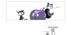 1boy 1girls 2020 :3 anthro ass big_ass bottomwear breasts bulge butt_markings canid canine capdocks chespin clothed clothed_anthro clothed_female clothed_male clothing comic detailed_bulge dialogue digital_drawing_(artwork) digital_media_(artwork) english_description english_text erection erection_under_clothing eyelashes female frankie_(capdocks) furry generation_6_pokemon genital_outline halloween hi_res holidays jess_(capdocks) looking_at_another looking_at_ass male mammal markings motion_lines mythological_canine mythological_creature mythology nintendo penis penis_outline pokemon pokemon_(species) tail tape text text_on_bottomwear text_on_clothing werecanid werecanine werecreature werewolf