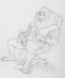 abs anthro athletic balls barefoot black_and_white bottomless cellphone chair clothed clothing digitigrade disney erection feline greyscale hi_res holding_penis leodore_lionheart lion looking_at_viewer male male_only mammal mane monochrome neverwolf office_chair open_shirt pencil_(artwork) penis phone retracted_foreskin selfie sitting smile solo traditional_media_(artwork) uncut vein veiny_penis whiskers zootopia