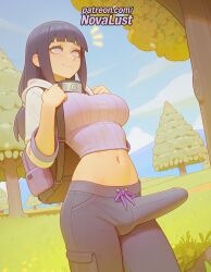 1futa 2025 ai_generated artist_name backpack bag black_hair blunt_bangs breasts bust chest cloud day futanari hi_res high_quality high_resolution highres hood hyuuga_hinata intersex midriff naruto naruto_(series) navel novalust patreon patreon_username sky solo stable_diffusion watermark