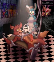 2017 anal anal_fingering anal_sex animal_genitalia animatronic anthro anus balls bondage bound canine cum cum_collecting cumshot ejaculation erection female fingering five_nights_at_freddy's five_nights_at_freddy's_2 forced forced_yaoi fox foxy_(fnaf) fur gay gaycoon69 highres humanoid_penis interspecies knot machine male male_penetrated mammal mangle_(fnaf) nude on_table open_mouth orgasm penetrable_sex_toy penetration penis penis_milking rape restrained robot sex sex_toy straight table tentacle tongue toy_bonnie_(fnaf) video_games white_fur yaoi