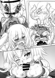 1boy 2girls bangs bar_censor belt bikini_skirt blush breast_hold breasts breath censored cleavage clothed_sex comic crying eyebrows_visible_through_hair fate/grand_order fate_(series) fellatio fujimaru_ritsuka_(male) greyscale hand_holding heart heart-shaped_pupils interlocked_fingers jeanne_d'arc_(fate) jewelry long_hair long_sleeves looking_at_viewer marie_antoinette_(fate) medium_breasts monochrome mori_marimo multiple_girls necklace nipples nose_blush one_eye_closed open_mouth oral paizuri pearl_necklace penis shirt steam sweatdrop swimsuit symbol-shaped_pupils tears trembling twintails wet