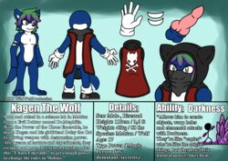 animal_genitalia animal_penis anthro blue_fur bone canide canine canine_penis clothing english_text fan_character flat_colors footwear fur gloves hi_res kagen_the_wolf knot male mammal model_sheet penis scarf shoes sonic_(series) standing text video_games wildwolfproduction wolf yellow_eyes