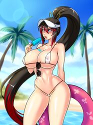 beach black_hair blue_eyes breasts cameltoe covered_nipples devil-v female floatie g-string hair_ornament high_ponytail ice_cream large_breasts long_hair micro_bikini nanbu_kaguya navel ocean outdoors ponytail red_hair solo sunglasses super_robot_wars super_robot_wars_og_saga_mugen_no_frontier sweat two-tone_hair very_long_hair visor_cap water white_bikini wide_hips