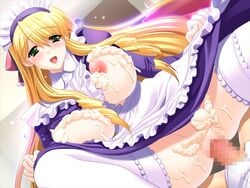 azusagawa_azami blonde_hair dress frills frilly_dress game_cg kinmedai_pink legwear maid suano_cool thighhighs withe_legwear