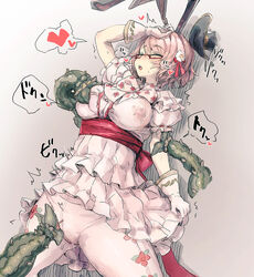 animal_ears arm_up bangs blouse blush breasts bunny_ears clitoral_stimulation closed_eyes crotch_seam erect_nipples eyebrows_visible_through_hair flower frilled_sleeves frills glasses gloves hair_flower hair_ornament hat heart highres large_breasts legs_apart mini_hat mini_top_hat noconol nose_blush panties panties_under_pantyhose pantyhose pink_hair plant puffy_short_sleeves puffy_sleeves pussy_juice pussy_juice_stain red-framed_eyewear sash semi-rimless_glasses short_hair short_sleeves skirt speech_bubble spoken_heart sucker tentacle top_hat tree_of_savior under-rim_glasses underwear white_blouse white_flower white_gloves white_legwear white_skirt