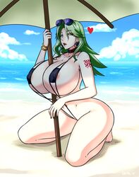 barefoot between_breasts bikini bracelet breasts collar devil-v earrings female green_eyes green_hair heart huge_breasts kneeling lamia_loveless long_hair looking_at_viewer nail_polish ocean open_mouth outdoors sand solo sunglasses super_robot_wars super_robot_wars_original_generation swimsuit tattoo umbrella water