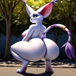 ai_generated anthro digimon digimon_(species) gatomon huge_breasts looking_at_viewer public squatting