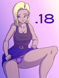 android_18 cameltoe dragon_ball dragon_ball_z erect_nipples female knobbit panties skirt_lift solo striped_panties