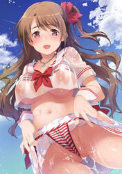 bikini bikini_under_clothes bow breasts brown_eyes brown_hair cloud collarbone covered_nipples crop_top crop_top_overhang day female idolmaster idolmaster_cinderella_girls inue_shinsuke jewelry large_breasts long_hair navel necklace nipples partially_visible_vulva sailor_collar see-through shimamura_uzuki shiny shiny_hair side_ponytail skirt sky smile solo striped striped_bikini swimsuit swimsuit_under_clothes tears underboob wedgie wet wrist_cuffs