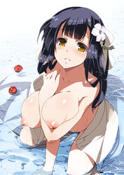 between_breasts black_hair blush bow breasts collarbone female flower hair_flower hair_ornament hairbow highres inue_shinsuke junjou_renka large_breasts long_hair looking_at_viewer nipples open_clothes parted_lips partially_submerged rindou_(junjou_renka) smile solo water yellow_eyes