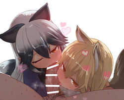 1boy 2girls animal_ears bar_censor black_hair blonde_hair blush bow breath brown_eyes censored collaborative_fellatio ezo_red_fox_(kemono_friends) fellatio fox_ears fox_tail hair_between_eyes heart kemono_friends licking_penis long_hair looking_at_viewer male_pubic_hair multicolored_hair multiple_fellatio multiple_girls one_eye_closed oral penis pov pov_crotch pubic_hair silver_fox_(kemono_friends) silver_hair simple_background straight sumiyao_(amam) sweat tail teamwork tongue tongue_out two-tone_hair veins veiny_penis white_background