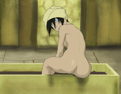 1girls anaxus anus ass avatar_the_last_airbender backside black_hair blind earth_kingdom female_only innie_pussy looking_back mud naked nickelodeon pussy short_hair shower_room sideboob sitting small_ass small_breasts solo surprised toph_bei_fong towel towel_on_head