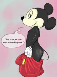 ass bulge clothed clothing dialogue disney english_text gloves grandschemetheme looking_at_viewer male male_only mammal mickey_mouse mouse pants partially_clothed rodent solo text undressing