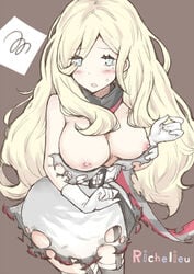 belt blonde_hair blue_eyes blush breasts dress female garter_straps gloves kantai_collection long_hair mole mole_under_eye nipples no_bra open_mouth richelieu_(kantai_collection) scarf sweatdrop tagme tearing_clothes tears torn_clothes