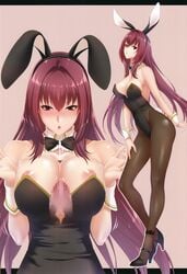 animal_ears breast_hold bunny_ears bunny_girl bunnysuit censored cleavage cum erect_nipples fate/grand_order fate_(series) heels nipples no_bra paizuri pantyhose penis scathach_(fate) tail zucchini