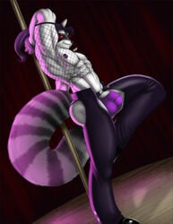 anthro bulge clothed clothing dancing fishnet kurobear looking_at_viewer male male_only mammal muscular muscular_male nipples pole pole_dancing raccoon skimpy smile solo stripper_pole underwear