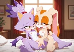 aged_up ai_generated blaze_the_cat blush breasts cream_the_rabbit embarrassed female fingering fingering_pussy fingers_in_pussy half-closed_eyes legs_apart open_mouth pussy small_breasts smiling_at_partner sonic_(series) sonic_the_hedgehog_(series) straddling yuri