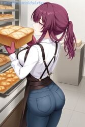1girl 1girls 1girls_ass ai_generated alternate_costume apron ass black_apron blue_pants bread breasts brown_apron closed_mouth commentary_request denim female food gloves holding holding_food honkai:_star_rail indoors jeans kafka_(honkai:_star_rail) large_breasts long_hair long_sleeves looking_at_viewer oven_mitts pants ponytail purple_eyes purple_gloves purple_hair shirt shop smile solo standing tiles white_shirt zelanell
