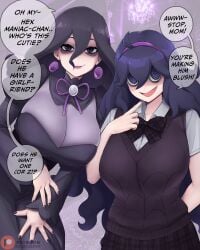 2girls absurdres bags_under_eyes black_bow black_dress black_eyes black_hair black_nails black_skirt black_sweater_vest bow breasts cleavage commentary dismaiden dress english_commentary eyeshadow hairband hex_maniac hex_maniac_(z-a) highres huge_breasts long_hair looking_at_viewer makeup mature_female mother_and_daughter multiple_girls nintendo open_mouth patreon_logo patreon_username plaid_clothes plaid_skirt pokemon pokemon_legends:_z-a pokemon_xy purple_eyes purple_eyeshadow purple_hair purple_hairband purple_lips purple_ribbon ribbon ringed_eyes see-through_cleavage see-through_clothes shirt skirt speech_bubble sweater_vest white_shirt