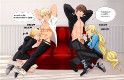 artist_request big_cock blonde_hair blowjob cfnm clothed_female_nude_male cock_worship crossover cum death_note fellatio female light_yagami male muscular_male rwby school_uniform sperm sun_wukong_(rwby)